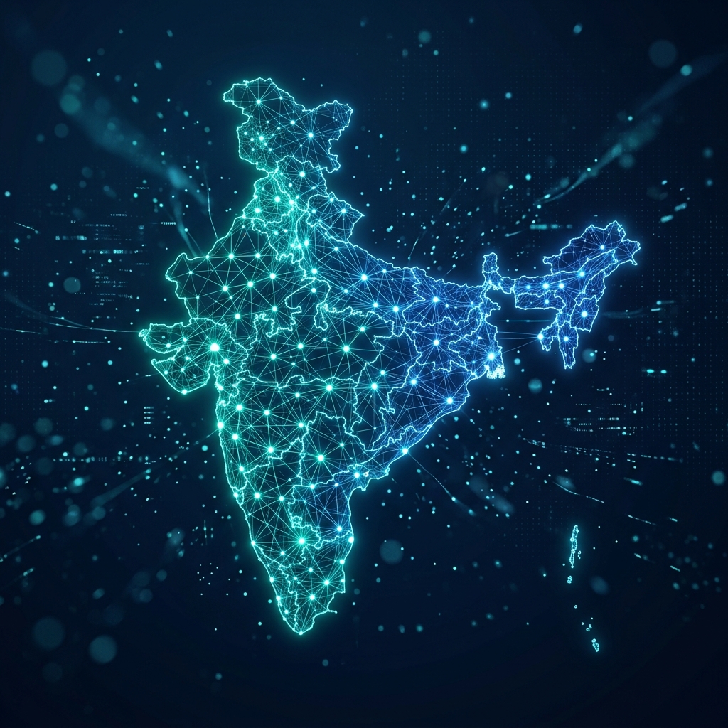 Abstract connected network forming India map — symbolizing digital connectivity and AI