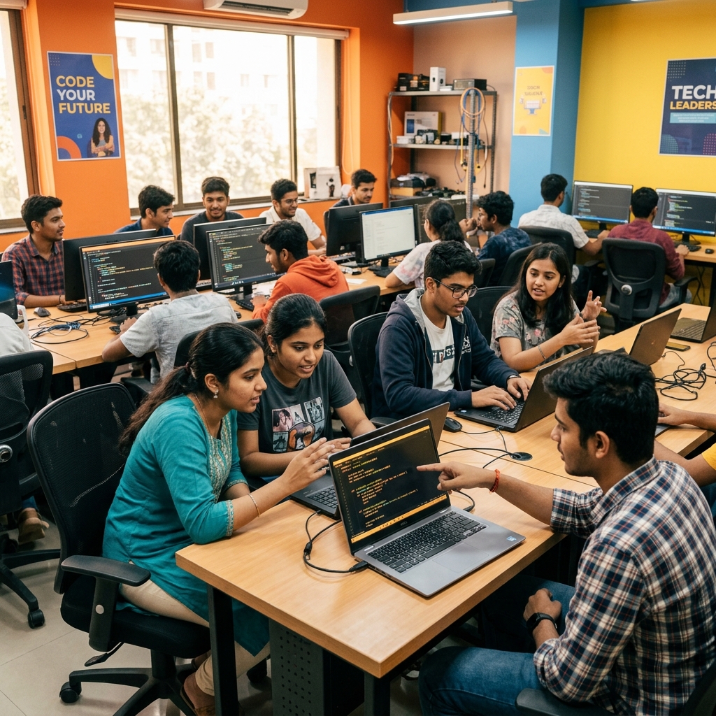 Students engaged in a digital literacy workshop